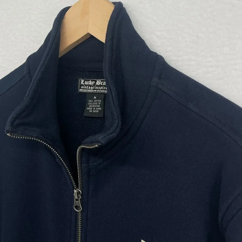 LUCKY BRAND Jacket Mens M ENGLAND 57 Crest Patch Track Terry Full Zip Blue Vtg